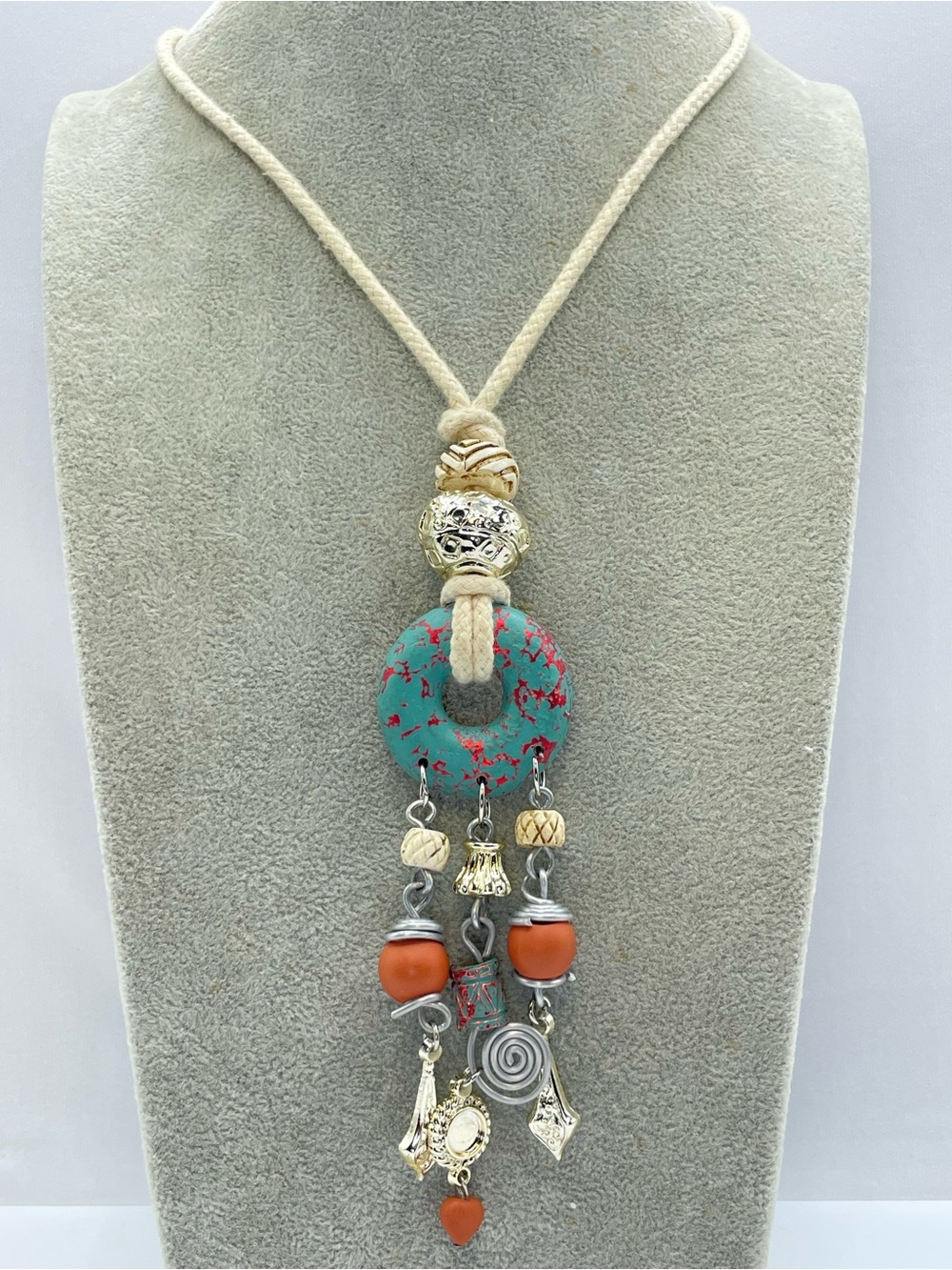 Boho Mixed Metal Turquoise Orange Beaded Rope Tassel Statement Necklace